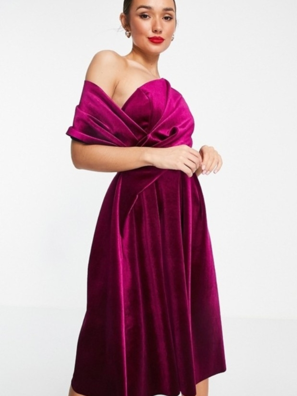 ASOS Size 14 Elegant One-Shoulder Velvet Midi Dress in Berry